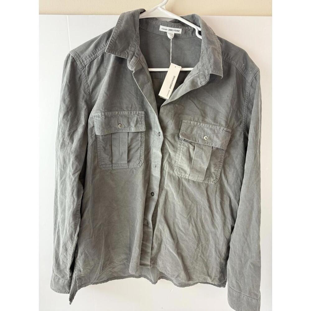 James Perse Corduroy Women’s Button Down Shirt Gray  V Neck Soft Blouse Top Sz L